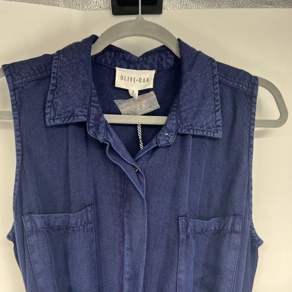 NWT Olive + Oak Dress Womens M Blue Button Up Belted Collared Sleeveless - Picture 3 of 9